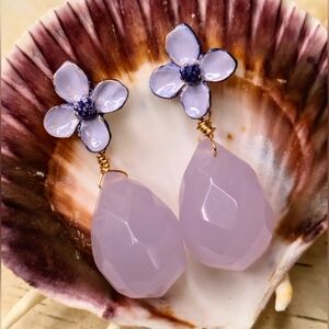 Handpainted Lavender Flowers & Chalcedony In Chunky Artisan Gold Plated Earrings